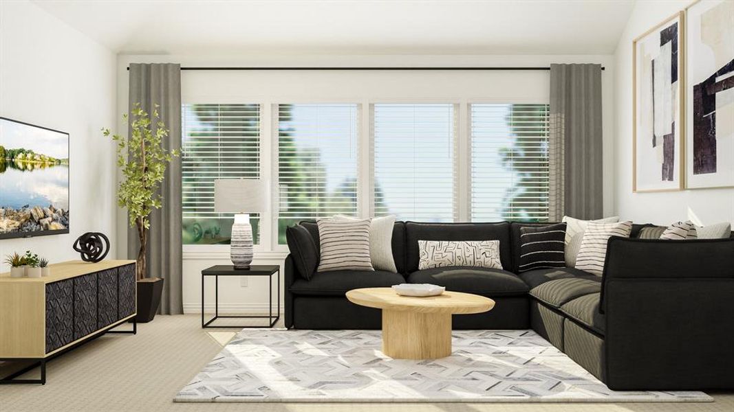 Carpeted living room with lofted ceiling