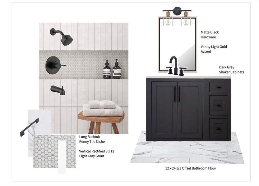 This moodboard presents a curated selection of elements for the secondary bath.