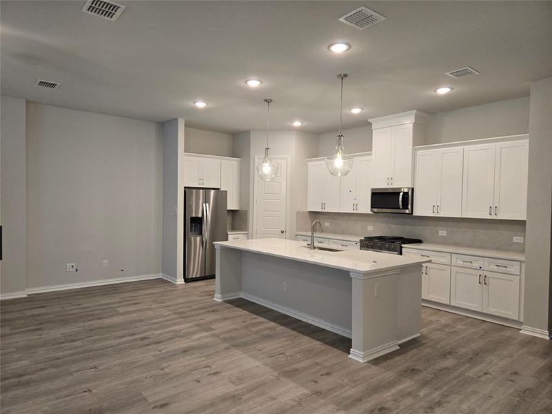 Kitchen with white cabinets, an island with sink, sink, stainless steel appliances, and hardwood / wood-style floors