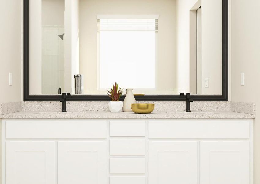 Rendering of the master bath with
  double-sink vanity. It has white cabinetry, matte black fixtures and a large,
  framed mirror.