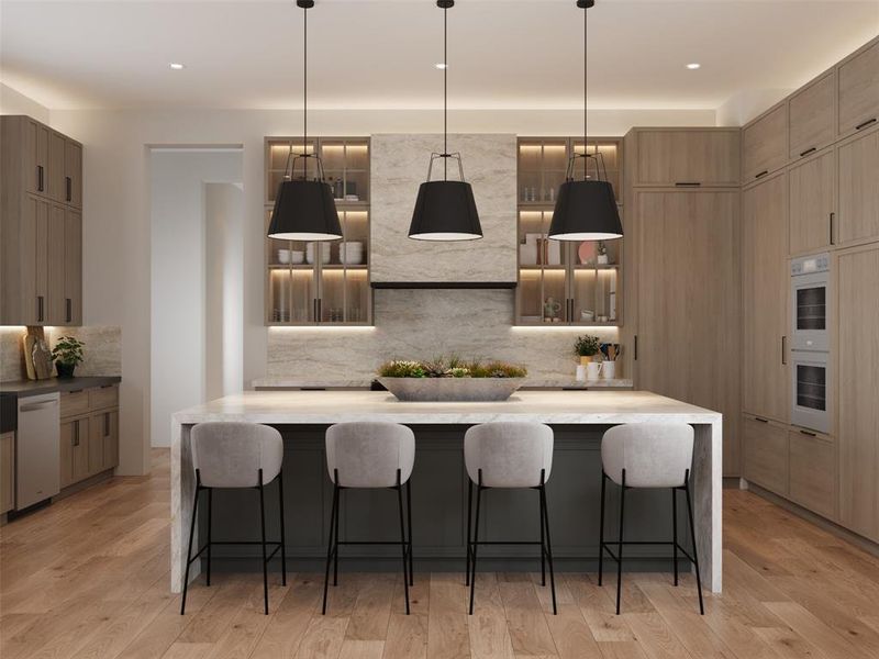 Kitchen featuring light hardwood / wood-style flooring, a kitchen bar, stainless steel dishwasher, and decorative backsplash