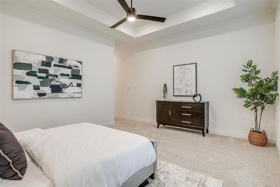 Bedroom with light carpet, a raised ceiling, ornamental molding, and ceiling fan