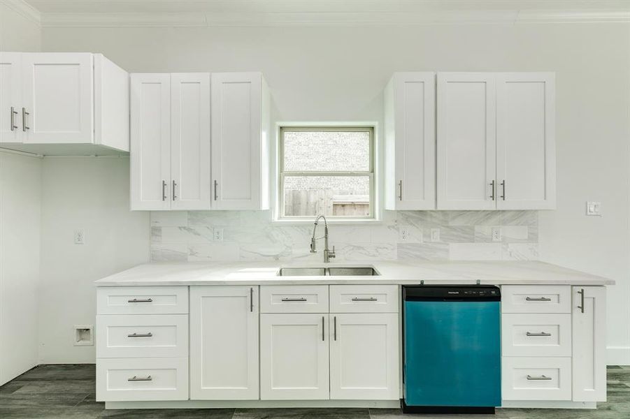 Quartz countertops and backsplash