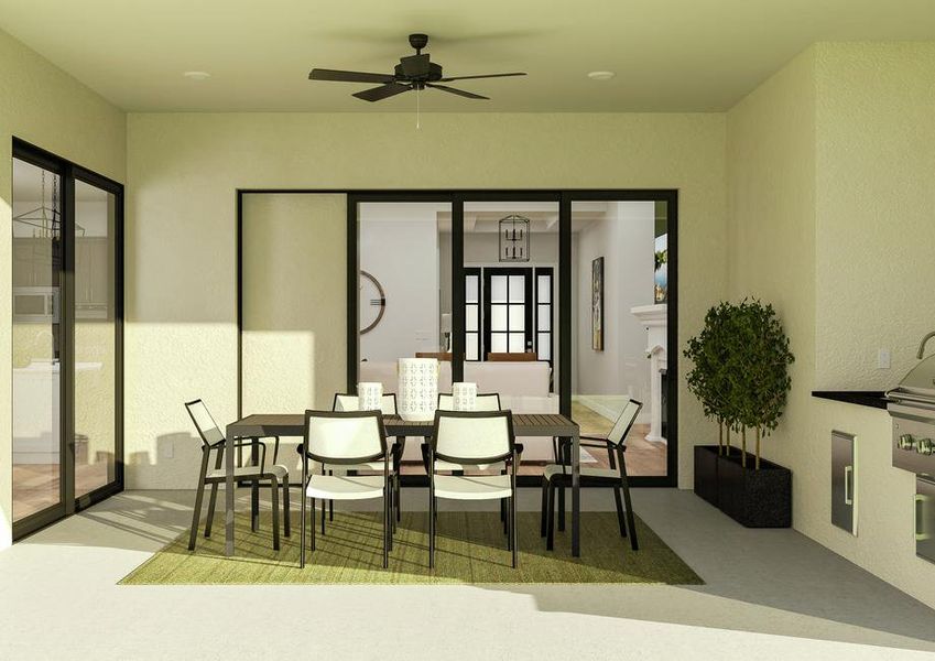 Rendering showing the Fairview floor
  plan's covered patio with built-in grill and wet bar. A table, chairs,  outdoor rug and potted plants decorate the inviting space.