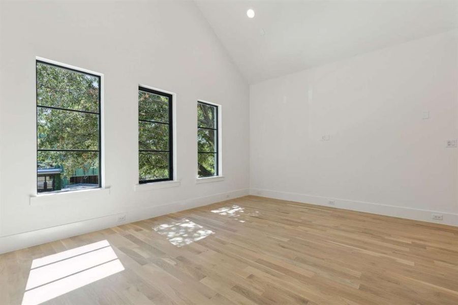 Unfurnished room with high vaulted ceiling and light wood-type flooring