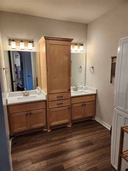 Bathroom with hardwood / wood-style floors and vanity