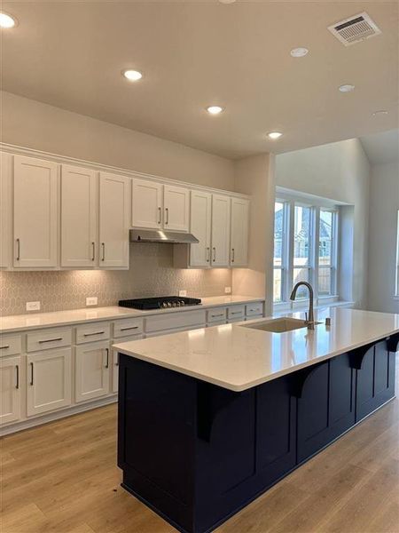 Beautiful kitchen with a blue island and under cabinet lighting!