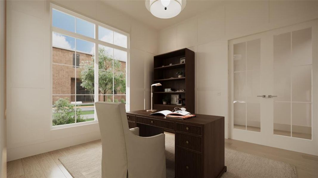 Another view of the Study which also a features a Pendant Light, a set of Divided Lite French Doors, a Closet and access to a Full Bath.