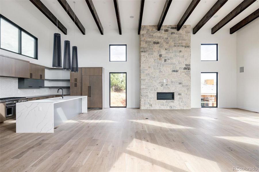 Statement fireplace, warm wood accents