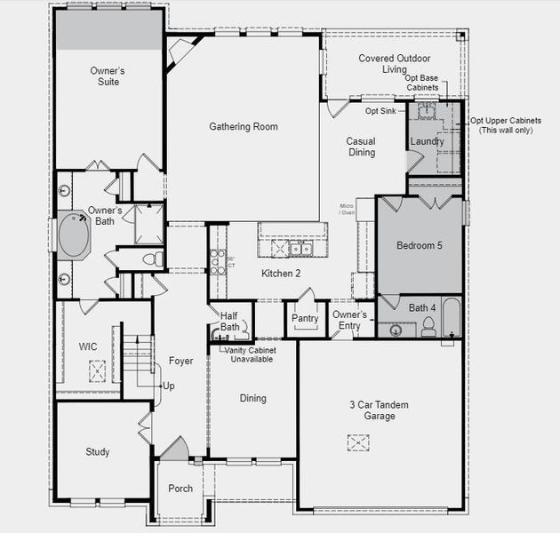 Structural options include: 5th bedroom with bath 4 in place of tandem, extended onwer's suite, drop-in-tub at owner's bath, shower at bath 4, and added gas drop.