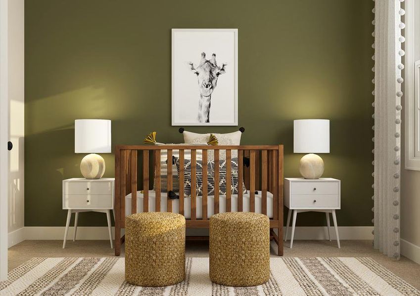 Rendering of bedroom showing a childs
  crib in between two white nightstands. This room is also furnished with two
  poufs.Â