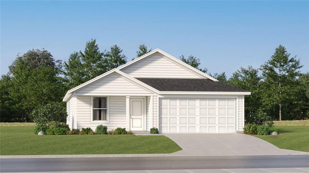 Ranch-style home with a front yard and a garage