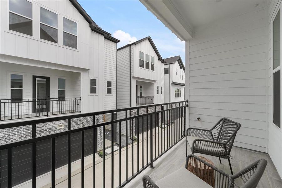 Enjoy your morning coffee or an evening cocktail as you bask in your cozy, private balcony space with modern wrought-iron railing, and offers ample room for seating.