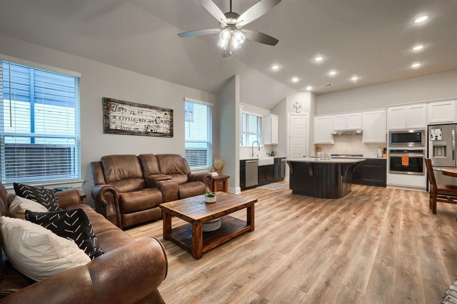 Living room with light hardwood / wood-style floors, vaulted ceiling, sink, and ceiling fan