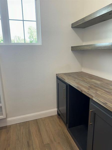 Kitchen Pantry with a wealth of natural light, butcher block countertops, and hardwood / wood-style floors