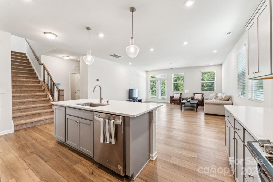 Kitchen, dining area, living room