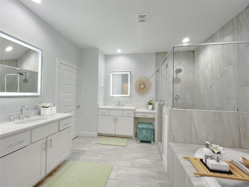 Step into a sanctuary of sleek sophistication with this luxurious bathroom, a symphony of modern design and comfort. Image depicts similar product at another ROC Homes community.