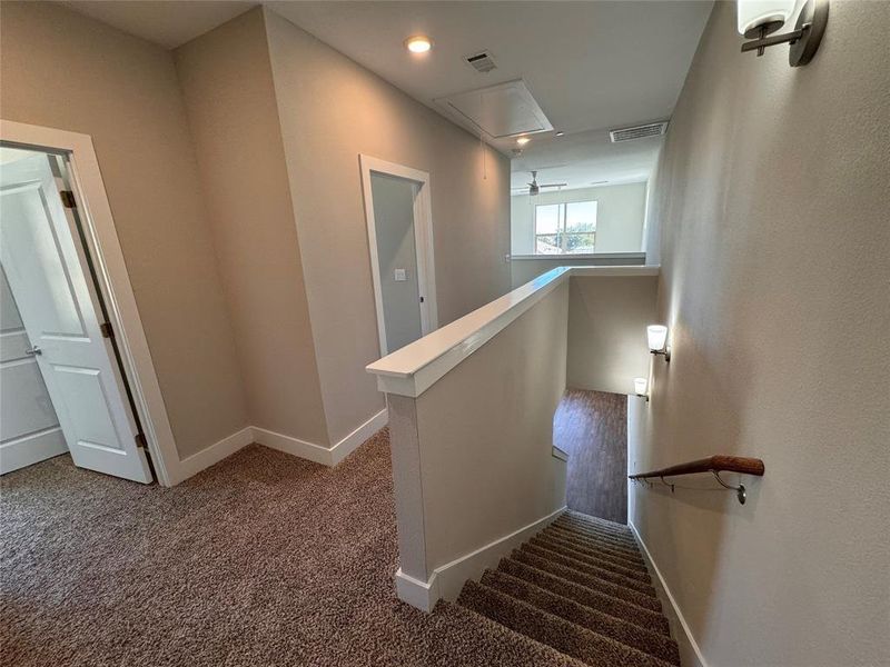 Staircase featuring carpet flooring