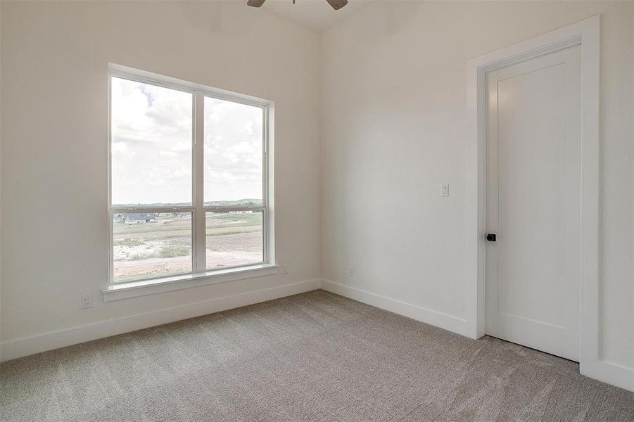 Carpeted spare room with ceiling fan