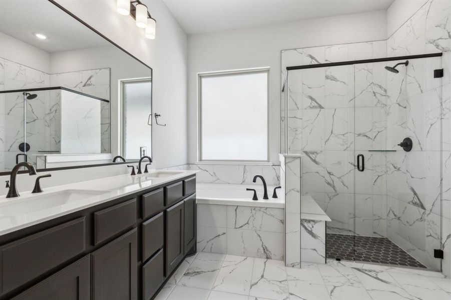 Bathroom with vanity and plus walk in shower