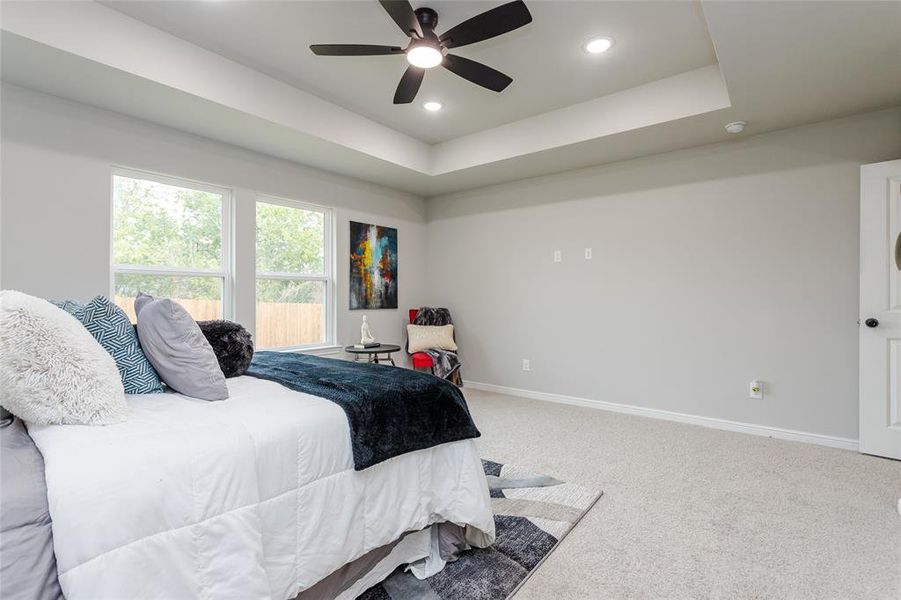 Carpeted bedroom with a raised ceiling and ceiling fan