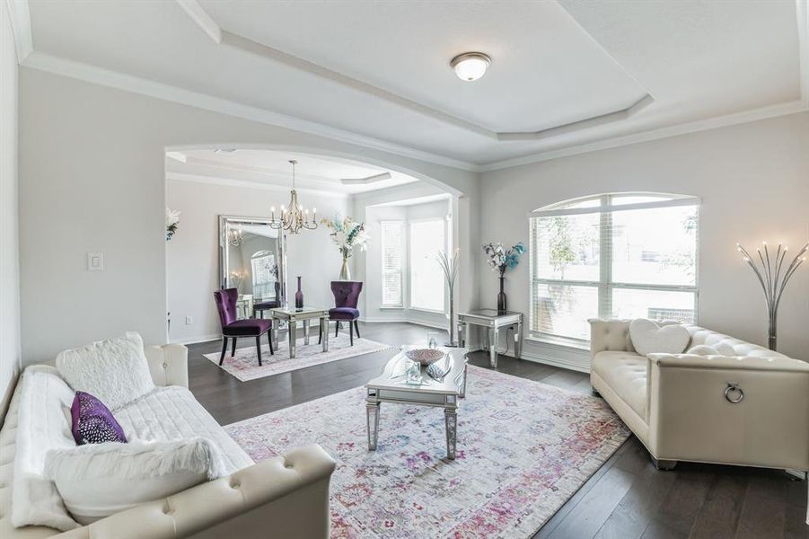 Living room featuring a chandelier, crown molding, dark hardwood / wood-style floors, and a tray ceiling