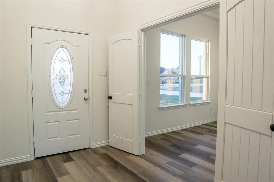 Foyer with dark wood-type flooring and a healthy amount of sunlight