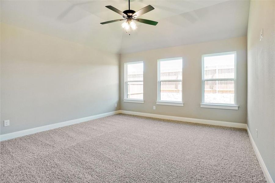 Unfurnished room with carpet, a wealth of natural light, and ceiling fan