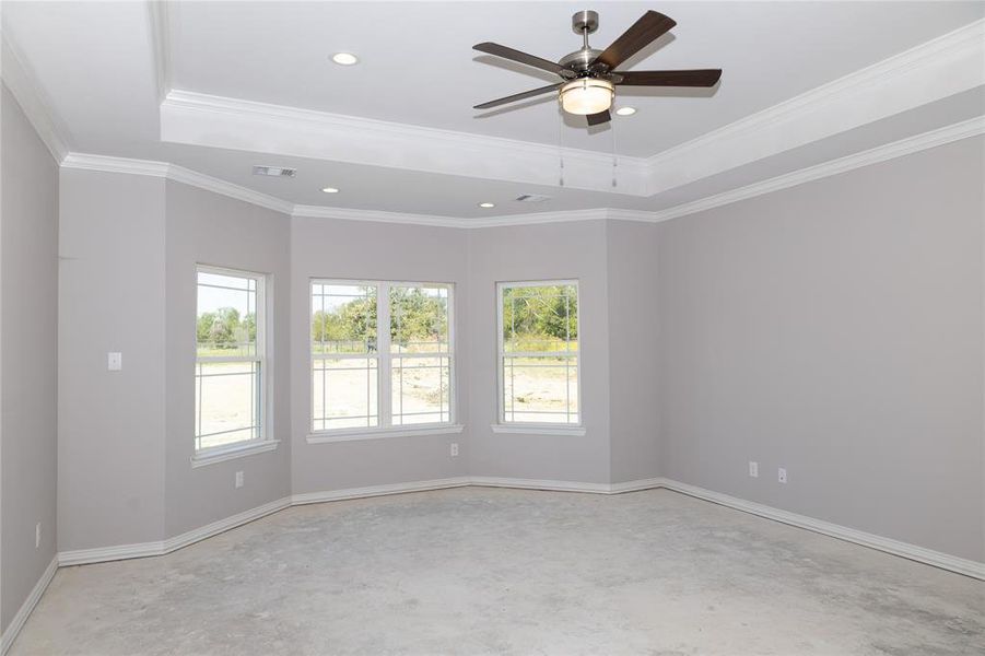 Oversized primary bedroom with tray ceiling and modern ceiling fan.  Wall of windows that look over the back yard.