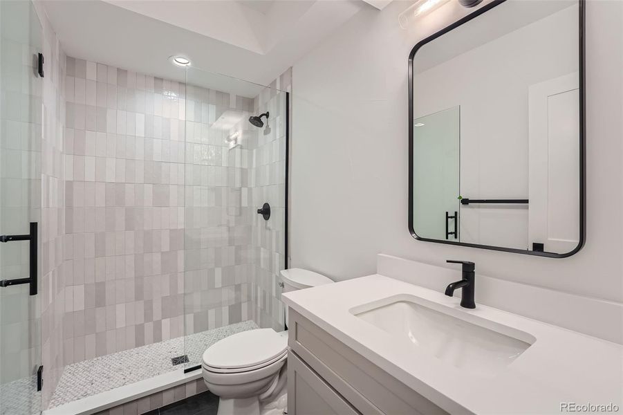 Large bathroom with walk-in shower on lower level.