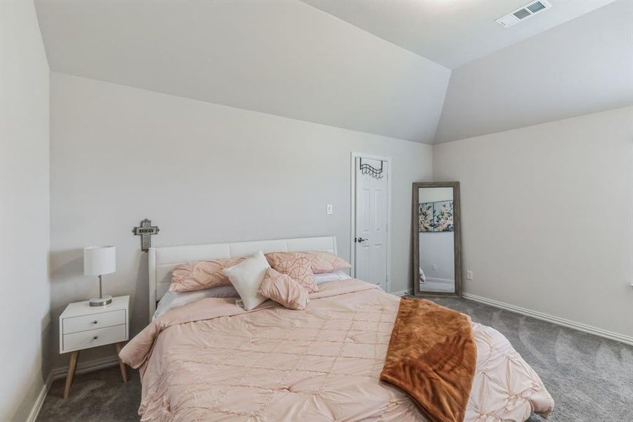 Carpeted bedroom featuring lofted ceiling