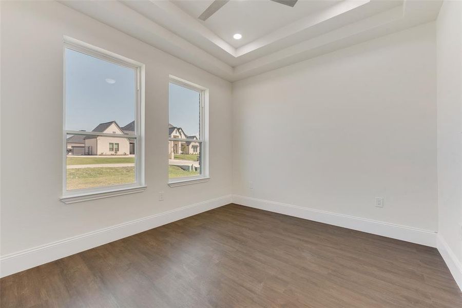 Unfurnished room with ceiling fan, a tray ceiling, and dark wood-type flooring