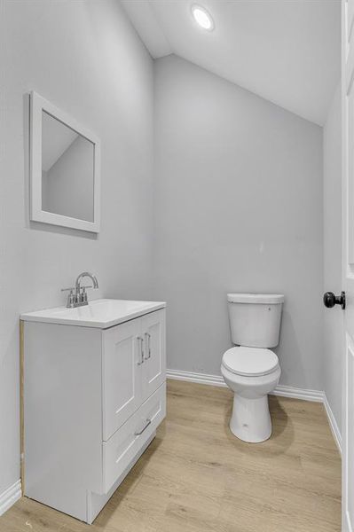 Bathroom featuring vanity, wood-type flooring, and lofted ceiling