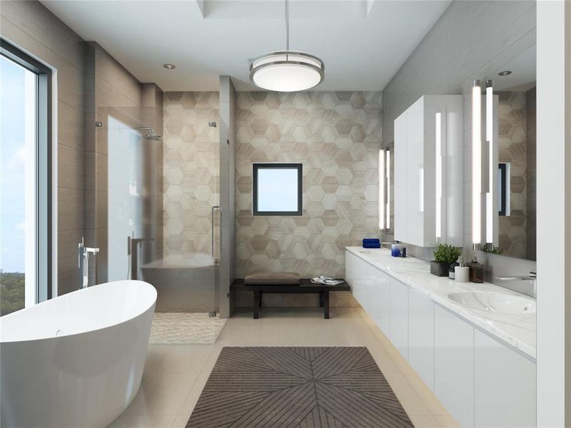 Spa-inspired primary bath with frameless shower enclosure, soaking tub by Duravit, Toto/Duravit toilets, porcelain slab countertops, chrome fixtures and porcelain tile floors. Rendering shown is an example and may not be representative of this unit.