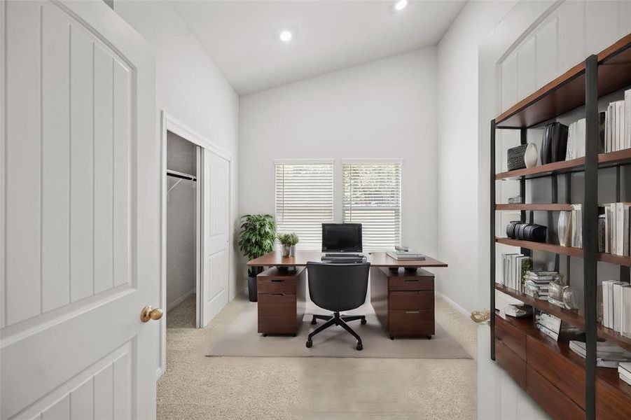 The office is a functional space designed for privacy and productivity. It features sturdy doors that can be closed to create a quiet environment conducive to focused work. Virtually Staged!