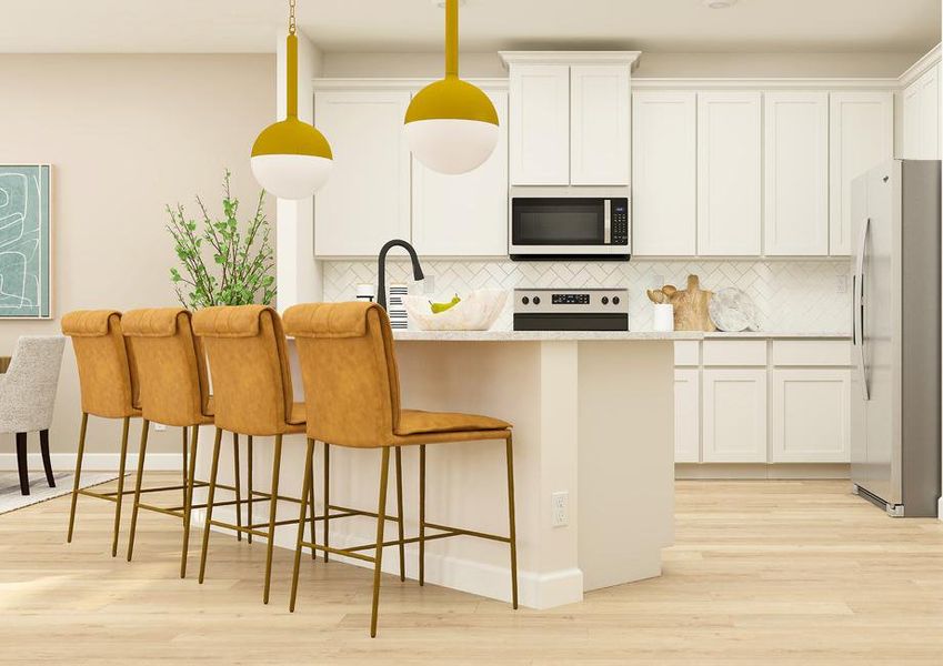 Rendering of the spacious kitchen
  featuring wood cabinetry, stainless steel appliances, and a large island with
  seating.