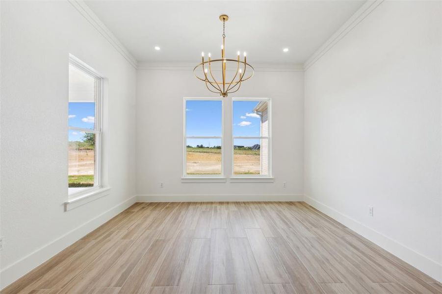 Spare room featuring a notable chandelier, light hardwood / wood-style flooring, crown molding, and plenty of natural light