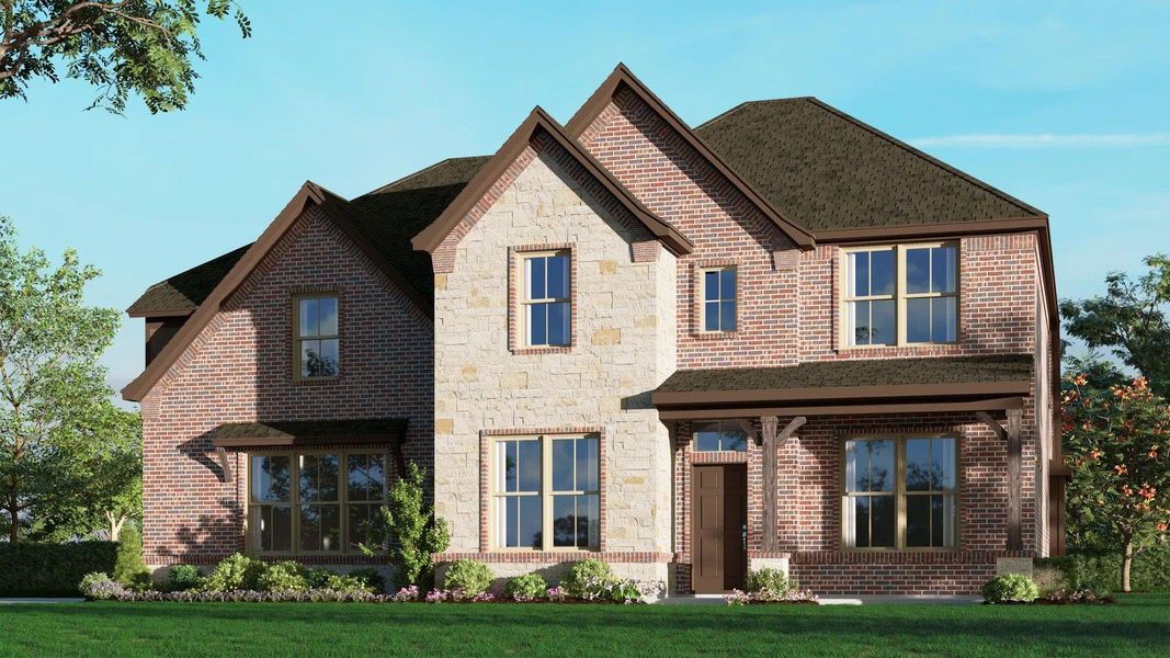 Elevation B with Stone and Outswing | Concept 3135 at Oak Hills in Burleson, TX by Landsea Homes