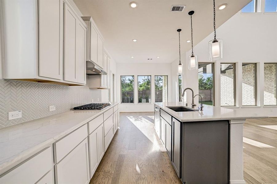 Kitchen has island with built in dishwasher, gas 5 burner built in stove with stainless vent hood.