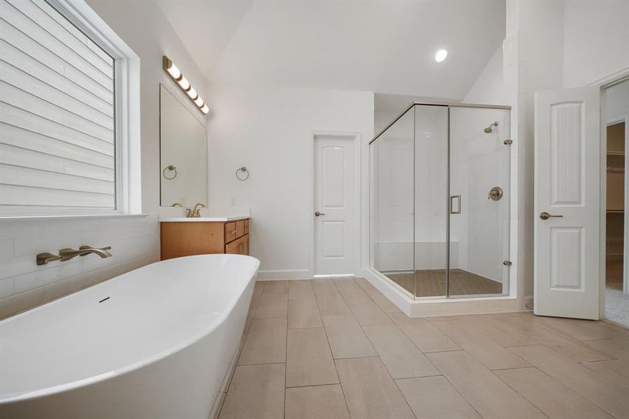 The Primary Bath is highlighted by the spacious shower and the separate soaking tub. Enjoy a nice bubble bath after a long day! (Sample photos of a completed Lisbon floor plan. The image may feature alternative selections and/or upgrades.)