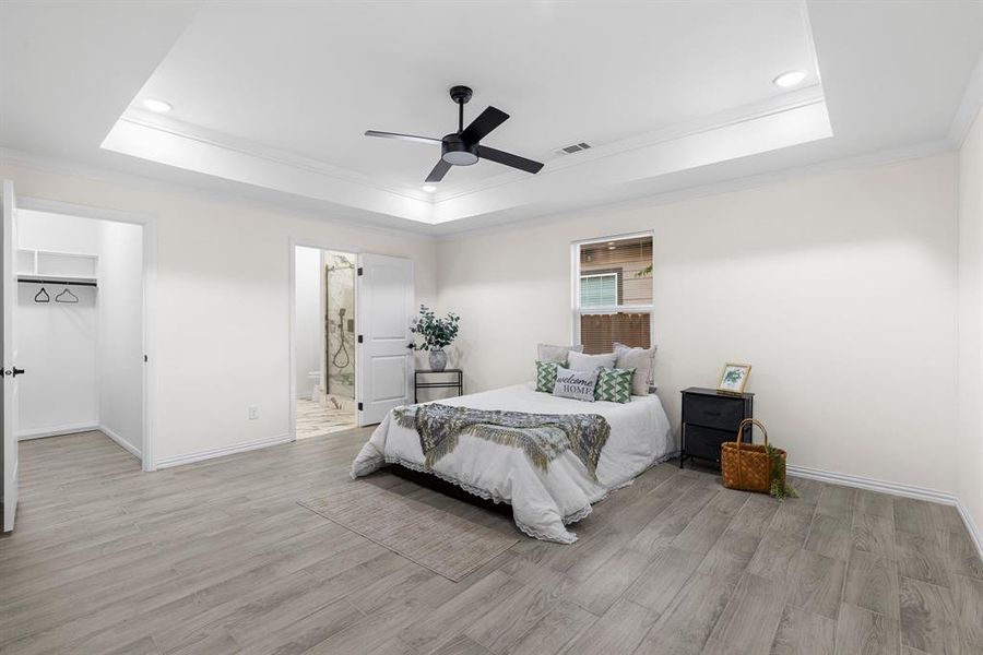 Bedroom featuring light hardwood / wood-style floors, a spacious closet, ceiling fan, and a raised ceiling