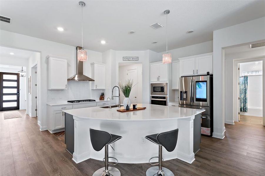 The kitchen is truly the HUB of this elegant modern home, and comes with a large farm sink and upgraded faucet.