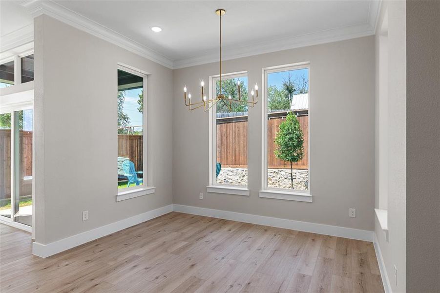 Unfurnished dining area with a chandelier, light hardwood / wood-style floors, plenty of natural light, and crown molding