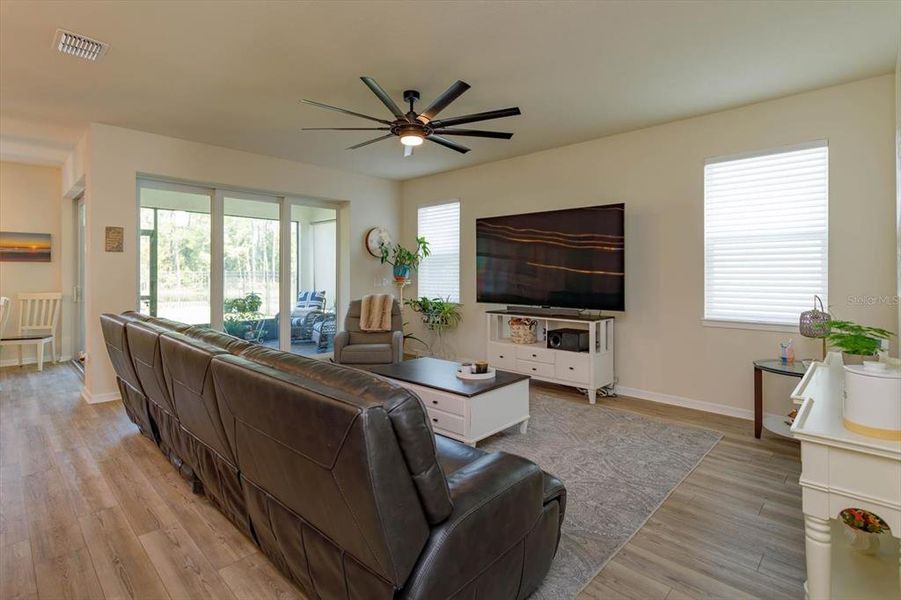 Light and Bright Family Room with Pocket Sliding Glass Doors