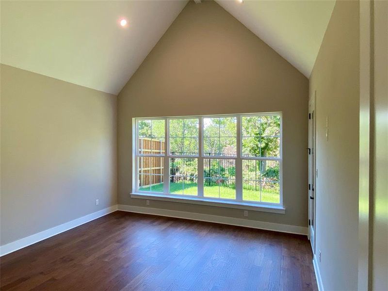 Unfurnished room with dark hardwood / wood-style floors and high vaulted ceiling