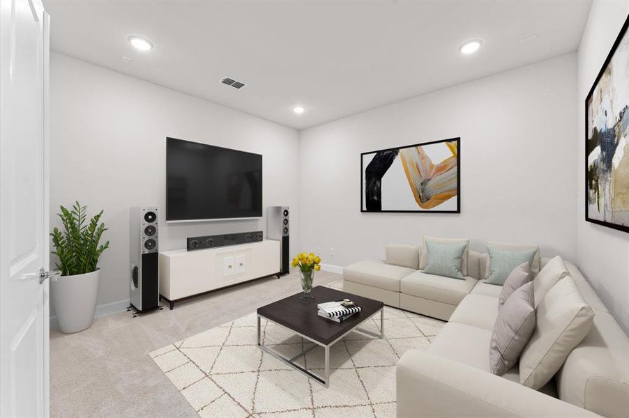 The media room in this Avalon Riverstone home is a haven for entertainment enthusiasts. It offers a cinematic experience right at home. Whether enjoying movie nights with family or hosting friends for game day, this space promises endless enjoyment and relaxation....