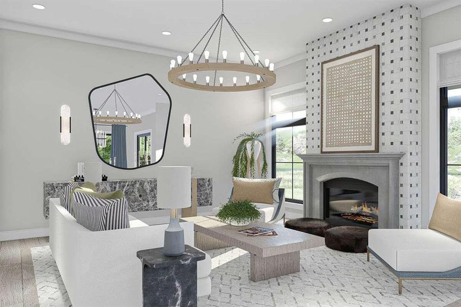 Living room with an inviting chandelier, wood-type flooring, crown molding, and plenty of natural light