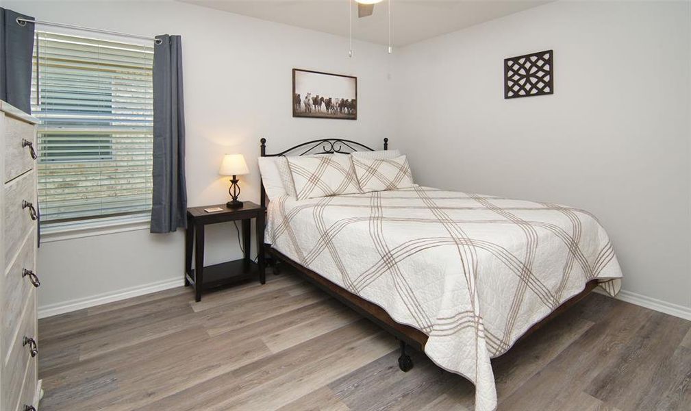 Bedroom with ceiling fan and hardwood / wood-style flooring