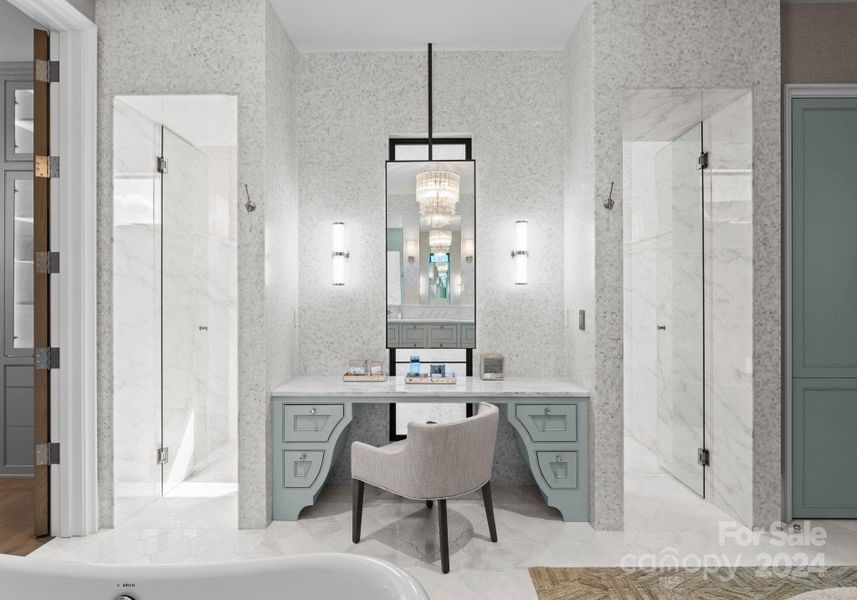 Walls are adorned with gorgeous wallpaper, custom made vanity with a unique cabinet design, framed by two glass door entries to the massive walk-thru shower.