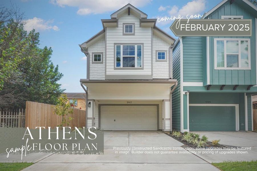 Experience Your Dream Home with Sandcastle Homes. Welcome to the Athens floor plan, with its stunning elevation and private driveway—your journey home begins here.